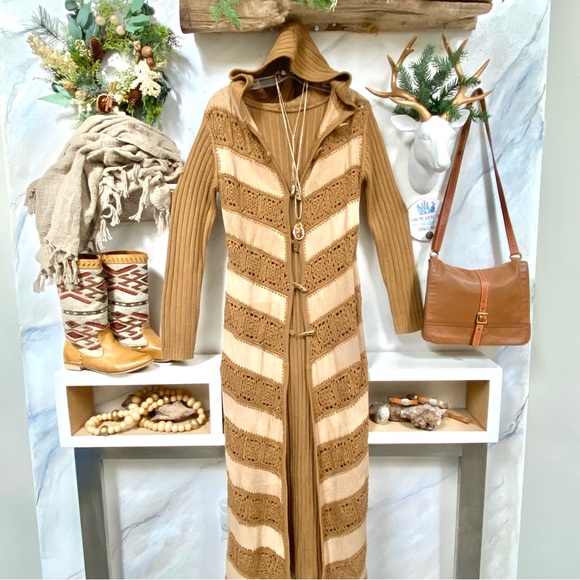 Chevron Suede patchwork/granny square knit combo duster boho cardi jacket - Picture 2 of 16